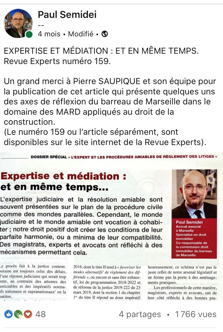 Partage de Maître Paul Semidei de l'article "Expertise et médiation"
