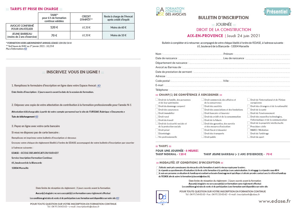 Tarifs et inscription à la formation